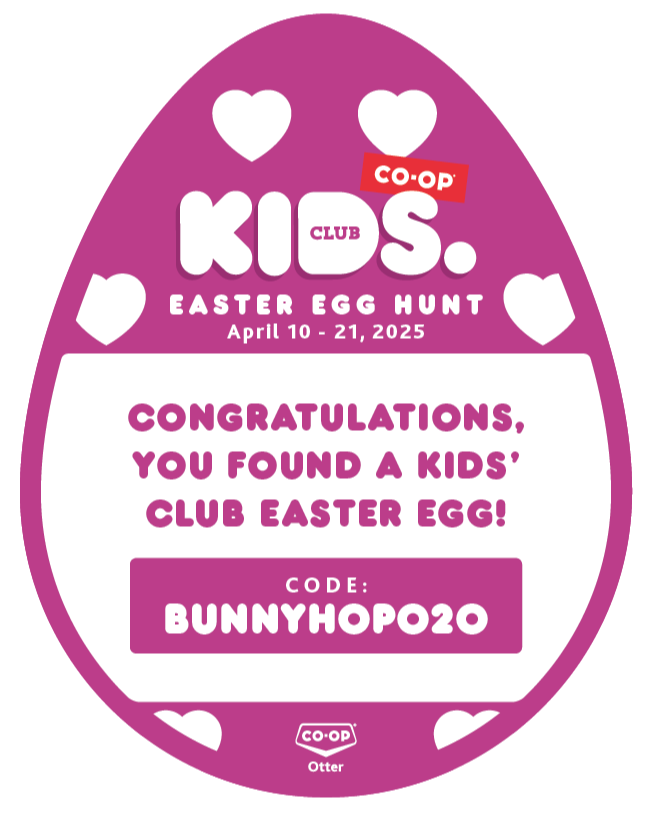 A purple Kids Club Easter Egg that reads "Congratulations, you found a Kids’ Club Easter Egg!" Code: BUNNYHOP020
